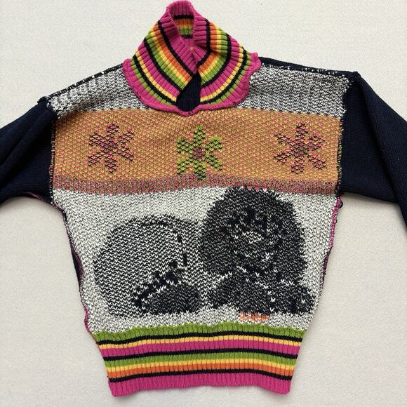 VTG 80s Heartworks Navy 3D Shaggy Dog Sweater Knit Collared Flowers Size 7/8 - Picture 8 of 10